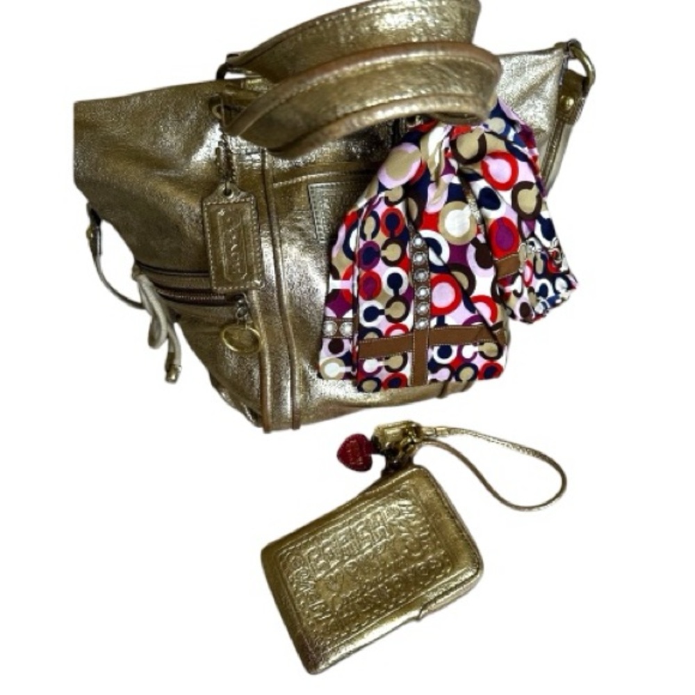 Coach Poppy Gold Shoulder Bag with Colorful Scarf and matching wallet